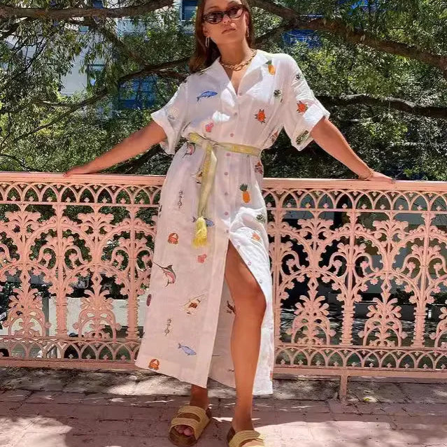 Trend Summer Fashion Print Elegant Women Lace Up Midi Dress Vintage Short Sleeves Chic Female Split Dresses Vestidos Mujer