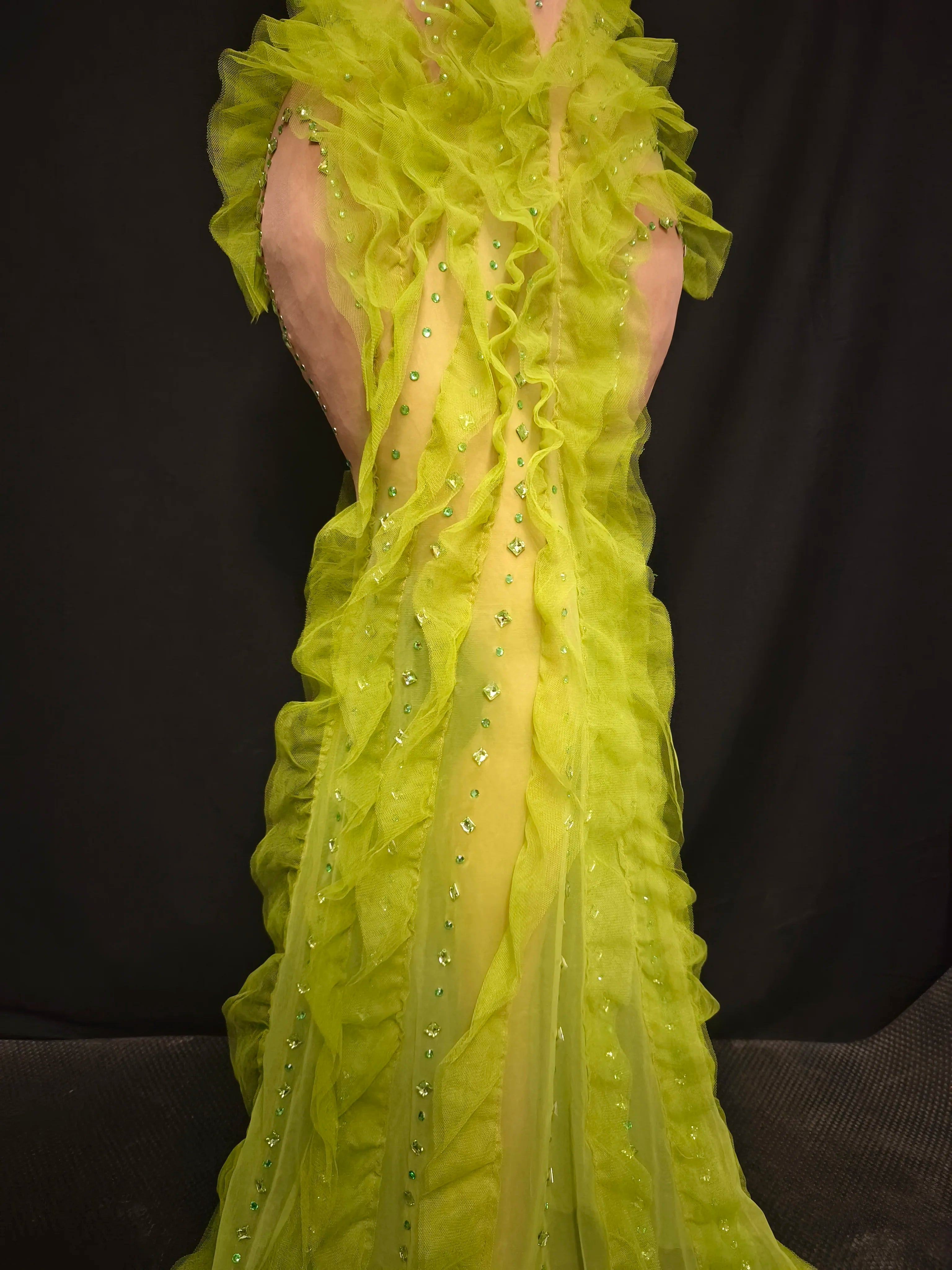 Women Sexy Mesh Crystal Fancy Maxi Dress See Through Neon Green Party Singer Party Costume Stage Performance Dress