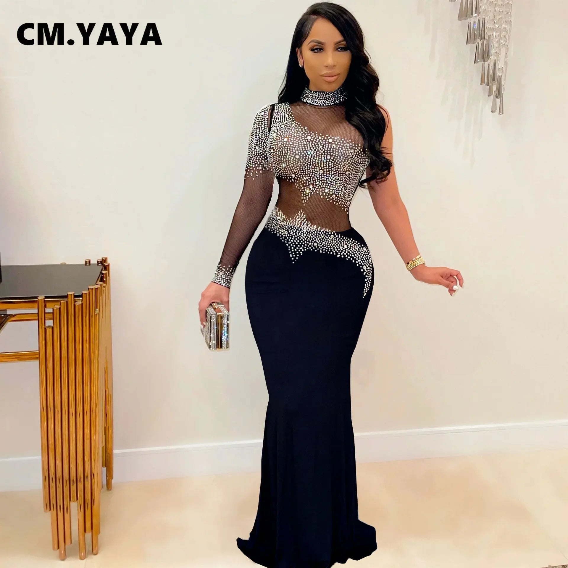 CM.YAYA Women Diamonds Hot Rhinestones Bodycon Midi Maxi Mermaid Dress Elegant Sexy Party Club One Long Sleeve Long Dresses