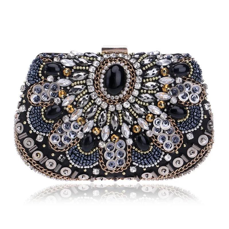 SEKUSA Women's Crystal Evening bag Retro Beaded Clutch Bags Wedding Diamond Beaded Bag Rhinestone Small Shoulder Bags YM1029black