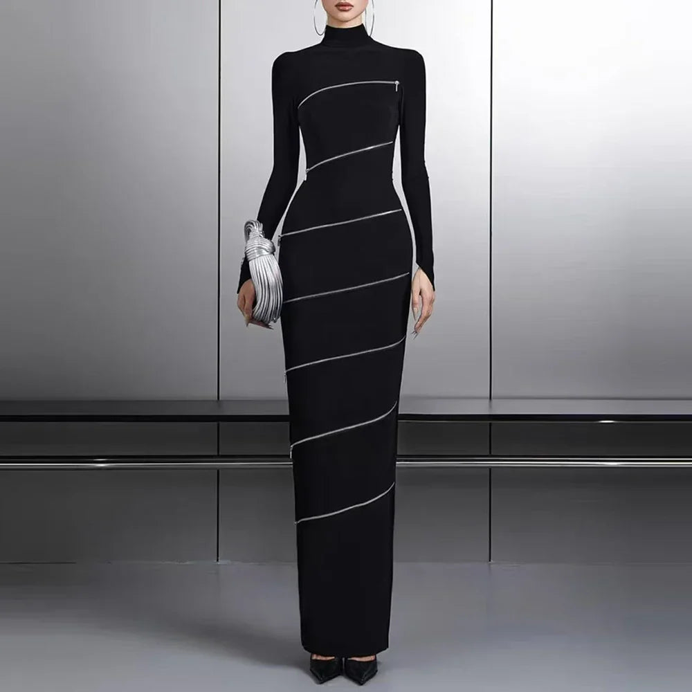 Solid Slimming Spliced Zipper Dress for Women Stand Collar Long Sleeve High Waist Dresses Female Temperament Style