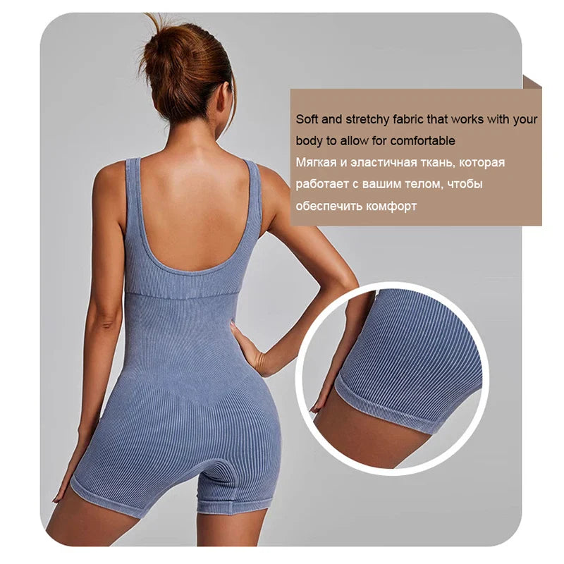 Women's Yoga Jumpsuits Ribbed One Piece Padded Tank Tops Rompers Sleeveless Acid Wash Activewear Unitard Sexy Bodycon
