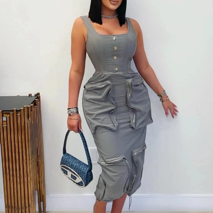 CM.YAYA 2025 Summer O-neck Mult Pockets Cargo Midi Long Dress Women Sleeveless Casual Bodycon Night Club Party Dresses Vestidos