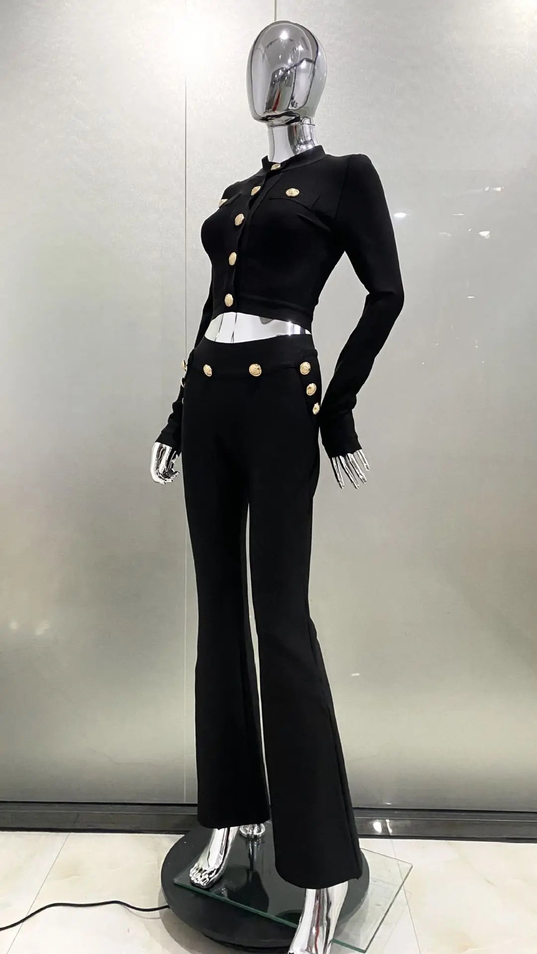 High Quality Bandage Expose Waist Woman Set Fashion Golden Buttons Short Coat Top And Flare Pants 2 Pieces High Street Wear