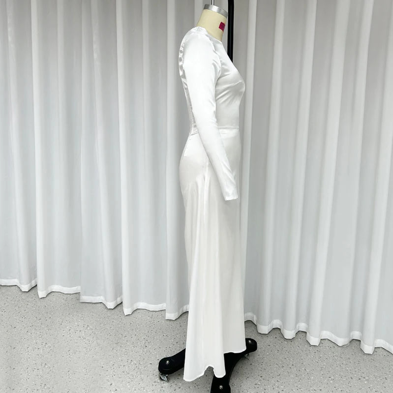 Women Maxi Dress Autumn Elegant Solid Round Neck Loose Satin White Party Long Dresses High Streetwear For Female