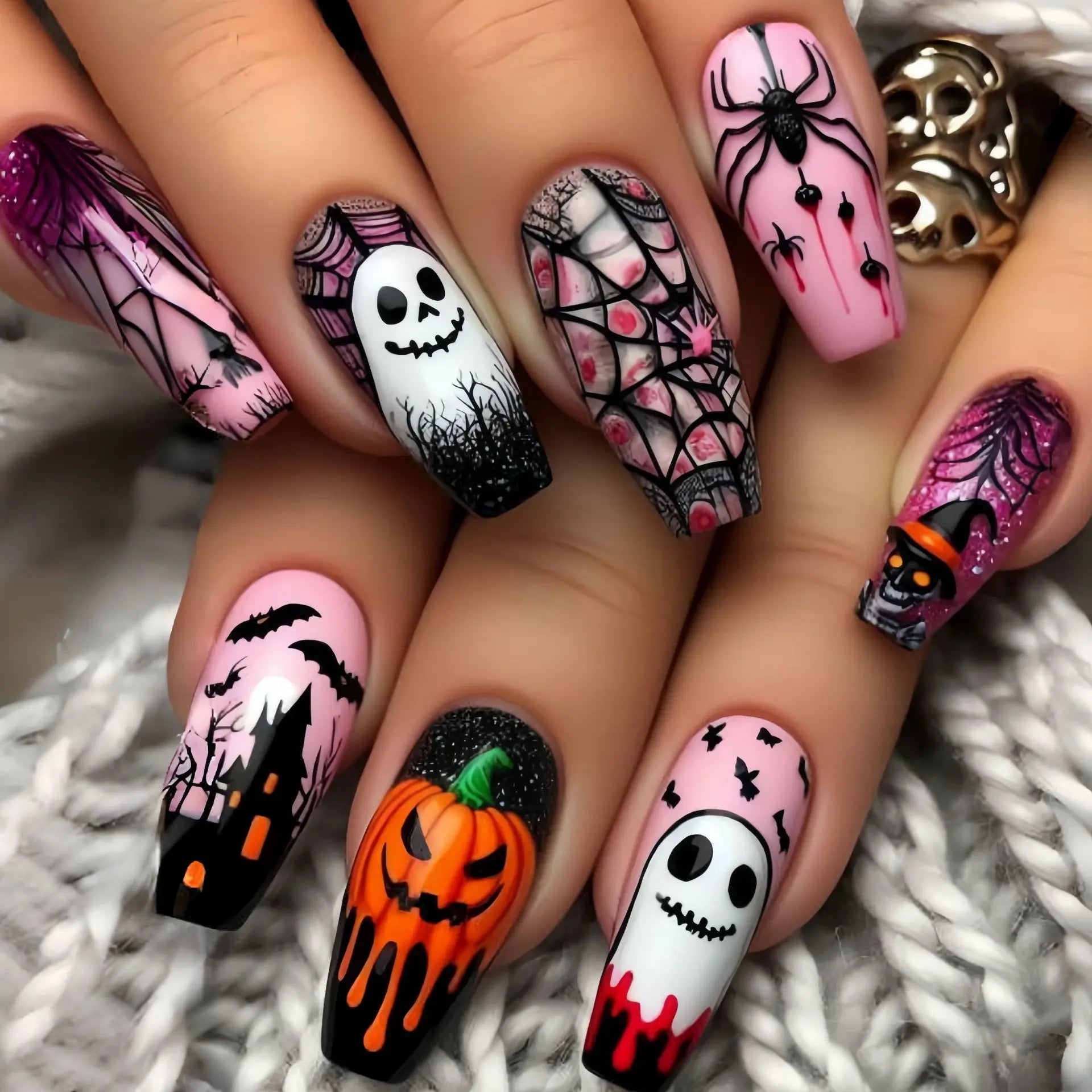 24pcs Mid-length Ballet Fake Nails Art Halloween Pumpkin Spider Design Pink Coffin False Nail Sets Phantom Press on Nails Tips