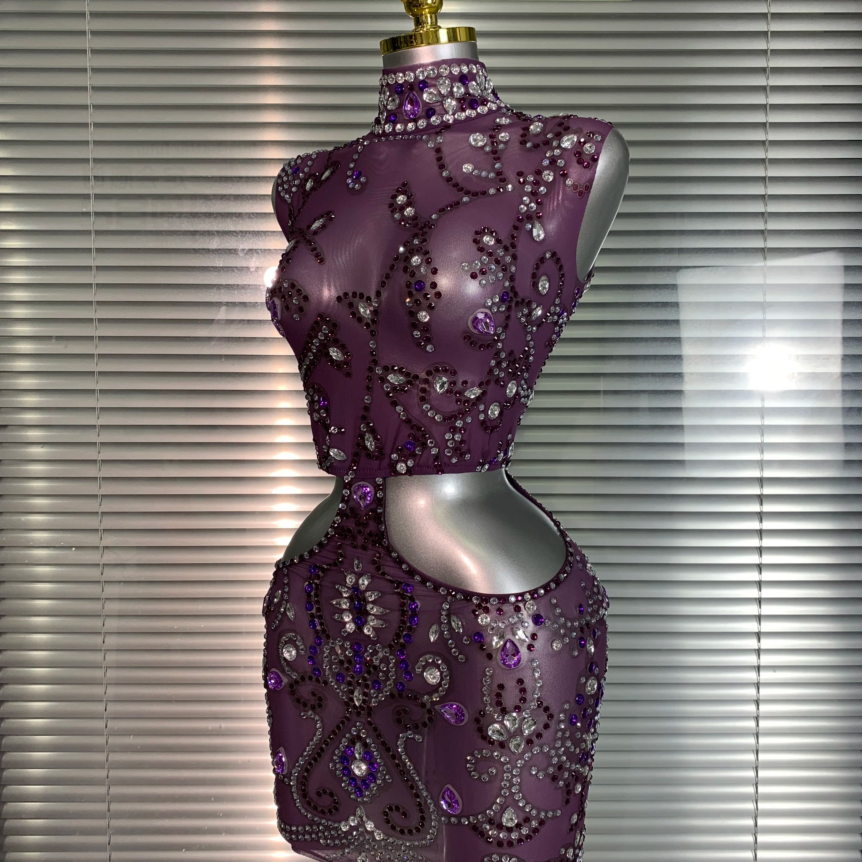 Women Sexy Mesh Crystal Diamonds Mini Purple Performance Costume Stage Dancer See Through Stretchy Night Club Party Dress
