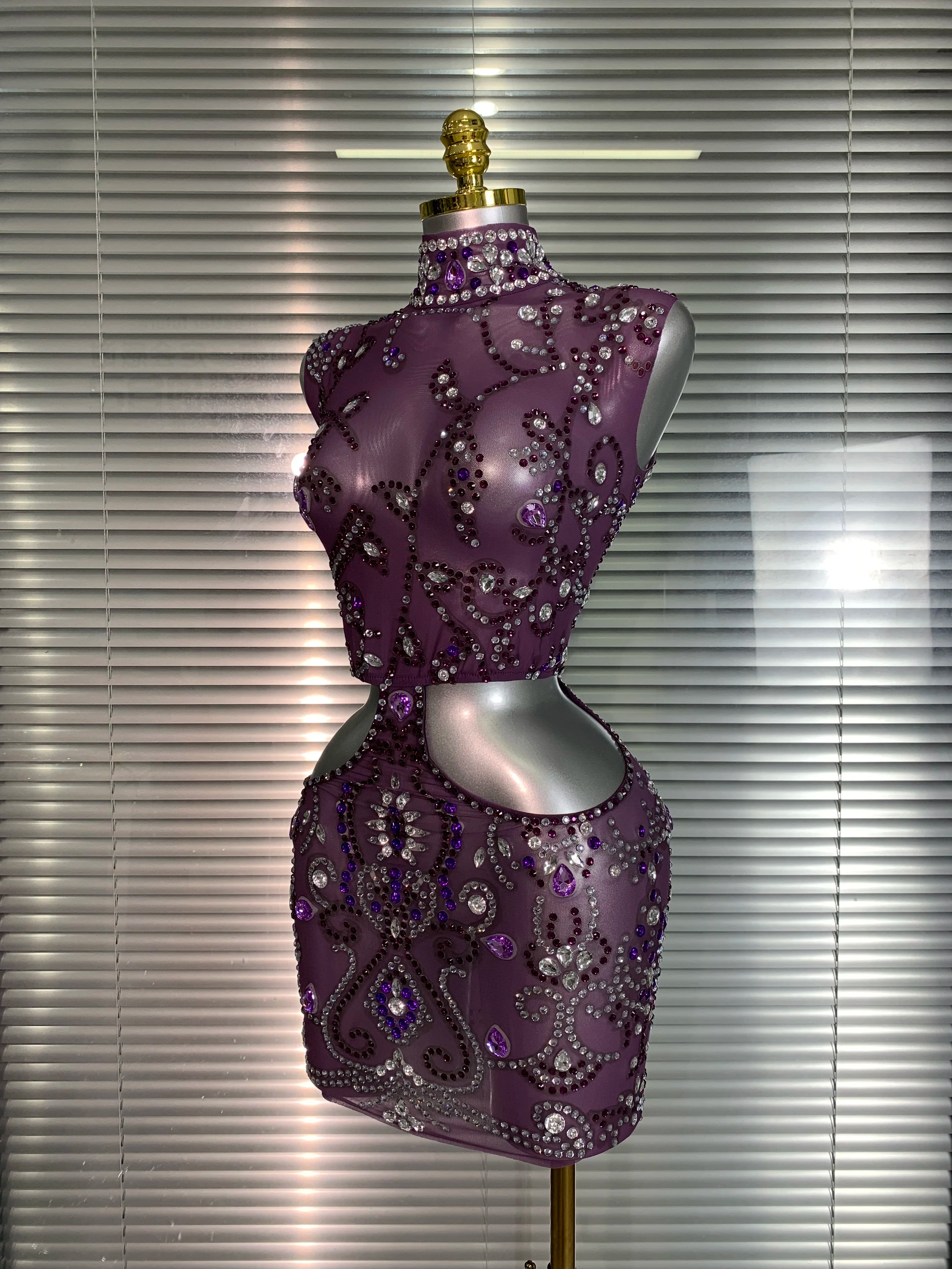 Women Sexy Mesh Crystal Diamonds Mini Purple Performance Costume Stage Dancer See Through Stretchy Night Club Party Dress