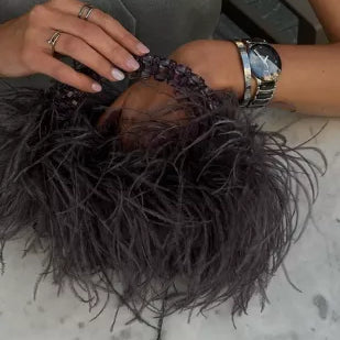 Pearl Bead Bag With Ostrich Feather Fur Designer Brand Clear Acrylic Crystal Stone Box Tote Handbag Women Handmade Party Purse black