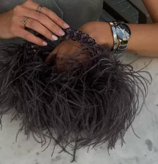 Pearl Bead Bag With Ostrich Feather Fur Designer Brand Clear Acrylic Crystal Stone Box Tote Handbag Women Handmade Party Purse black