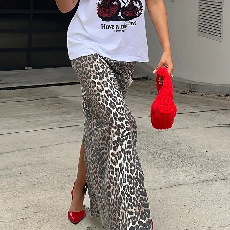 Mnealways18 Vintage Leopard Print Straight Skirts Female Street Chic High Waist Long Skirt Summer Office Split Skirt Cotton