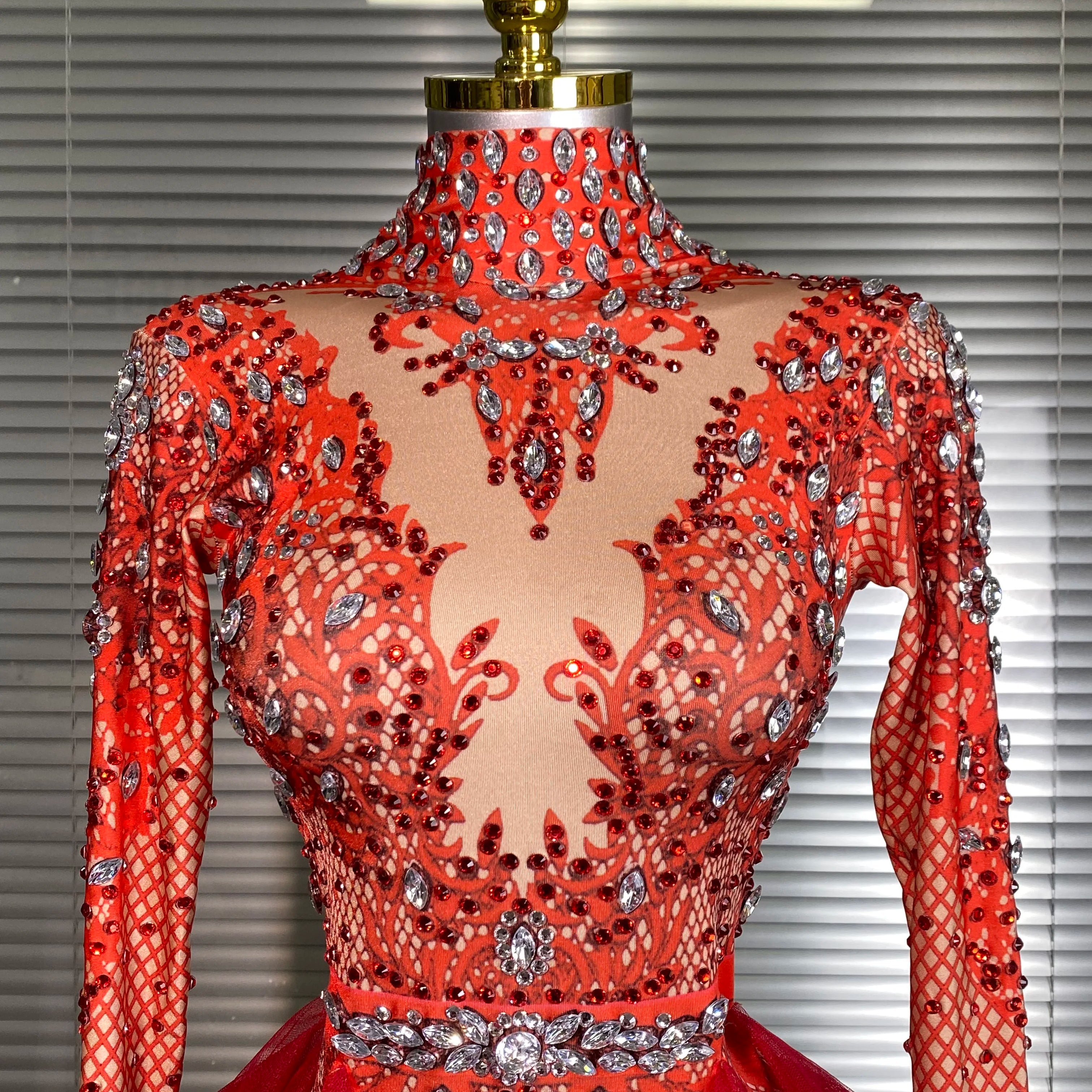 Summer New Women Sexy Skin Red Pink Crystal Stretchy Night Club Singer Dancer Tassel Dancer Stage Costume Party Bodysuit