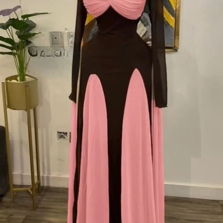 GLCMYAYA Women Long Sleeve Draped Front Midi A-line Patchwork Maxi Long  Dress 2025 Vacation Holiday Party Birthday Dresses