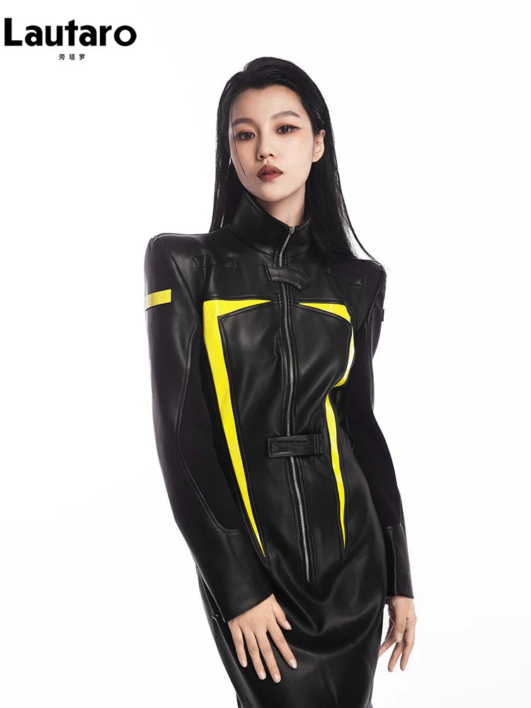 Spring Autumn Cool Red and Black Patchwork Faux Leather Maxi Dress Women with Detachable Hem Luxury Designer Clothing