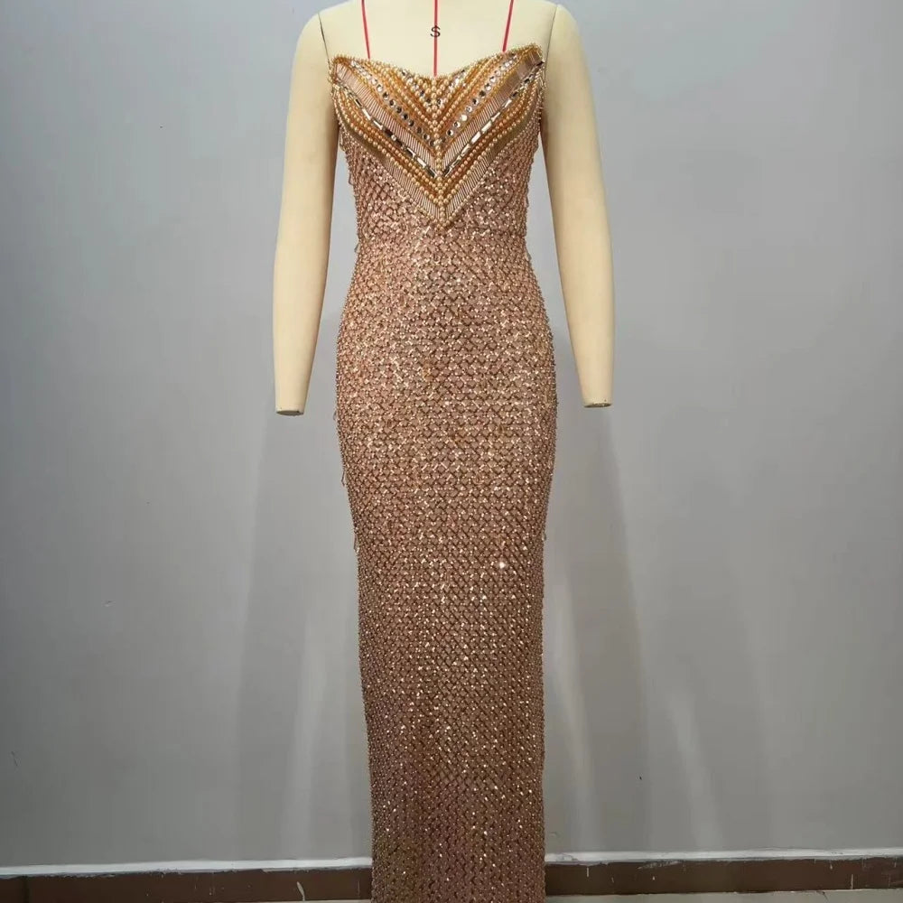 VC Stunning Strapless Sleeveless Black Crystal Sequin Dress Luxury Party Evening Gown