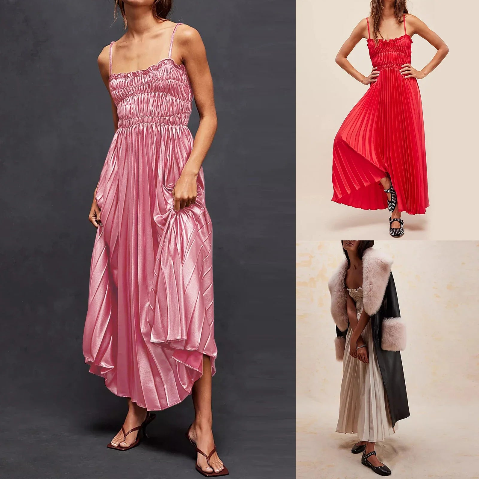 Women's Long Dress Adjustable Shoulder Straps Pleated Dinner Party Dress Smocking at bust Square Neck A-line Fit Dresses Femme