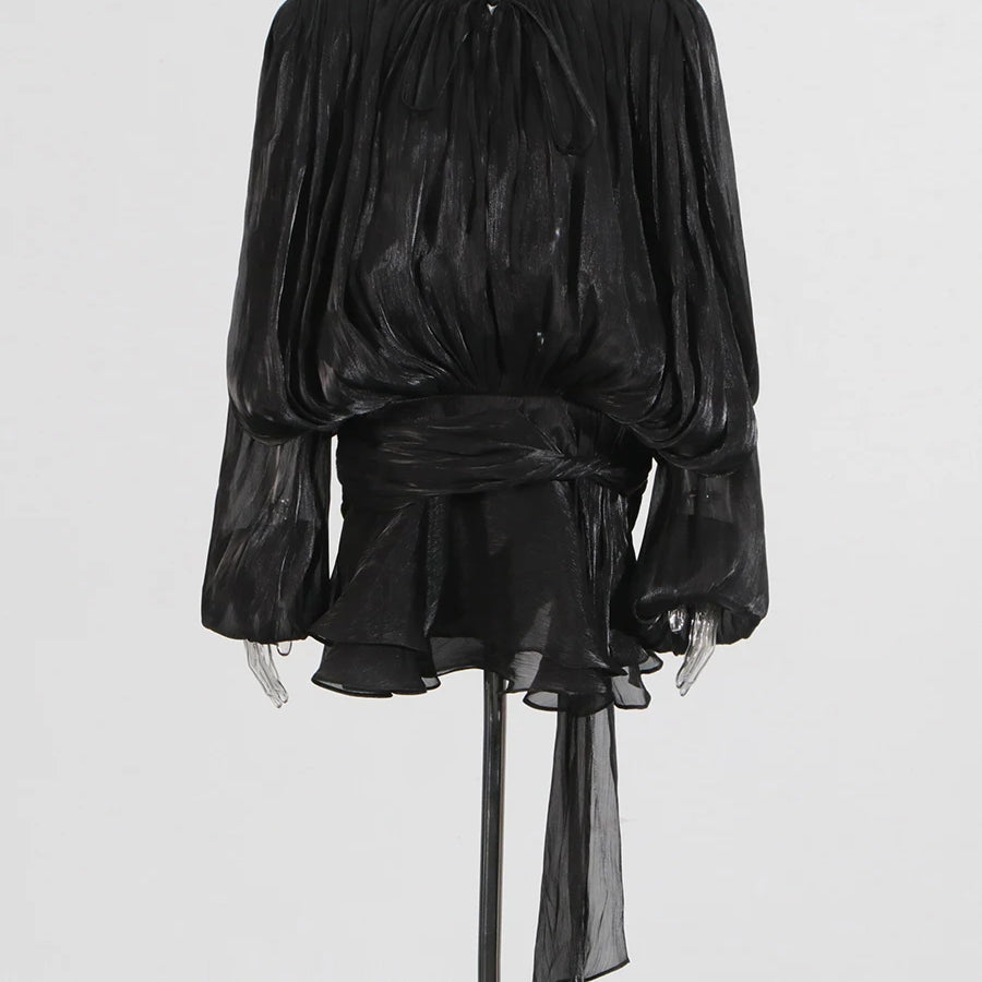 TWOTWINSTYLE Solid Loose Spliced Folds Elegant Dresses for Women Round Neck Long Sleeves Patchwork Lace Up Tunic Dress Female