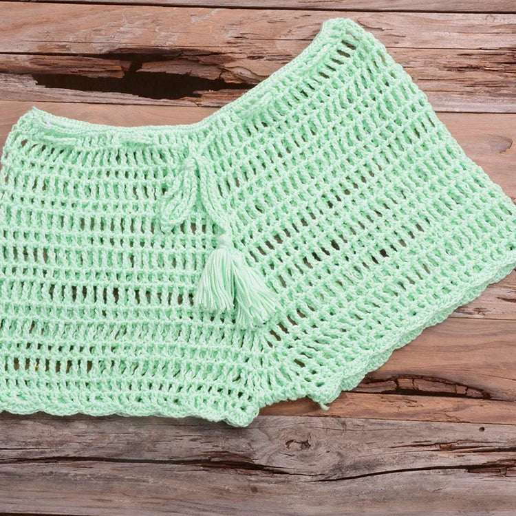 Crochet Hollow Out Tassel Beach Cover Up Sexy Women Mini Tops Beachwear Bikini Swimwear Bathing Suit Cover Up Light Green Bottom One Size