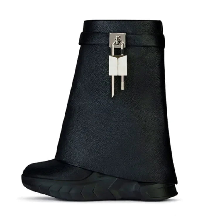 New Fashion Brand Thick Soled Leather Short Boots Round Head Lock Lock Shark Boots Women's Slope Heel High Heel Women's Boots 8083-Black cowhide