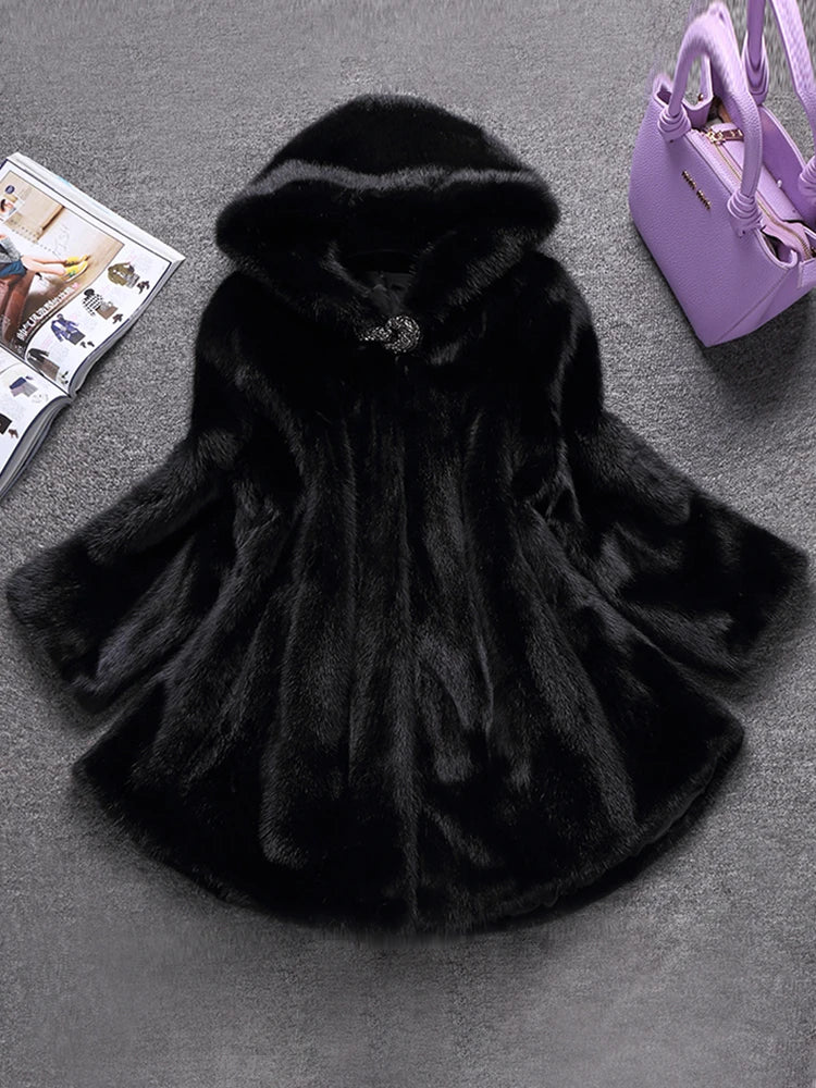 Winter Black Warm Thick Hairy Soft Faux Mink Fur Coat Women with Hood Elegant Luxury Fluffy Jacket 2022 4xl 5xl 6xl 7xl Black