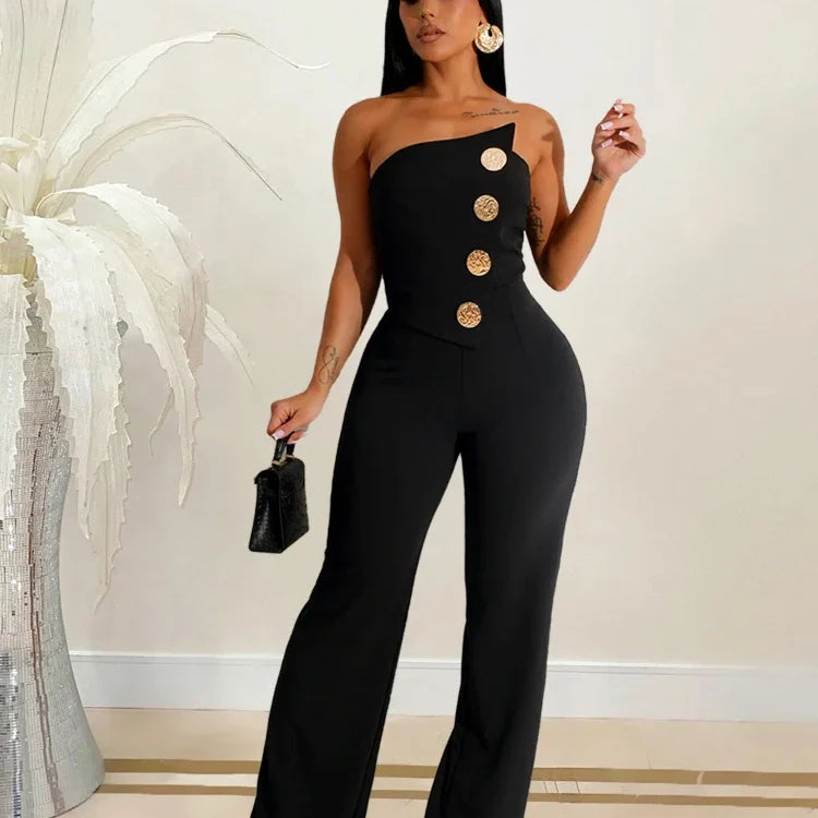 CM.YAYA Women's Elegant Button Strapless Sleeveless Irregular Girl Jumpsuits 2024 Fall Overalls Outfits Night Clubwear One Piece