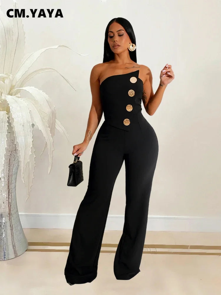 CM.YAYA Women's Elegant Button Strapless Sleeveless Irregular Girl Jumpsuits 2024 Fall Overalls Outfits Night Clubwear One Piece