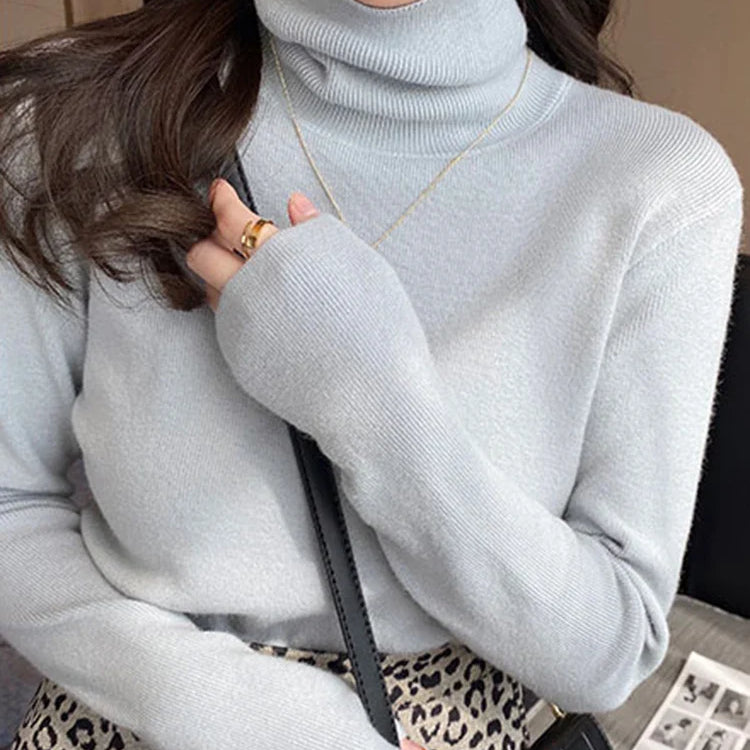 Women Turtleneck Sweaters Casual Soft Long Sleeve Pullovers Elastic Jumpers Knitwear Slim Basic Sweater For Women Autumn Winter Light Blue One Size