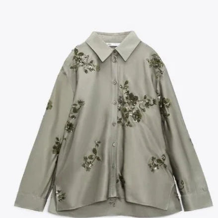 Fashion Print Sequin Shirt 2 Piece Sets For Women Loose Lapel Long Sleeves Top Wide Leg Pants Suits Lady Elegant Outfits Shirt 1