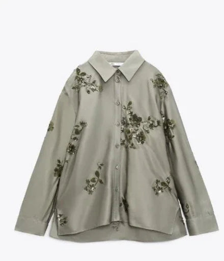 Fashion Print Sequin Shirt 2 Piece Sets For Women Loose Lapel Long Sleeves Top Wide Leg Pants Suits Lady Elegant Outfits Shirt 1