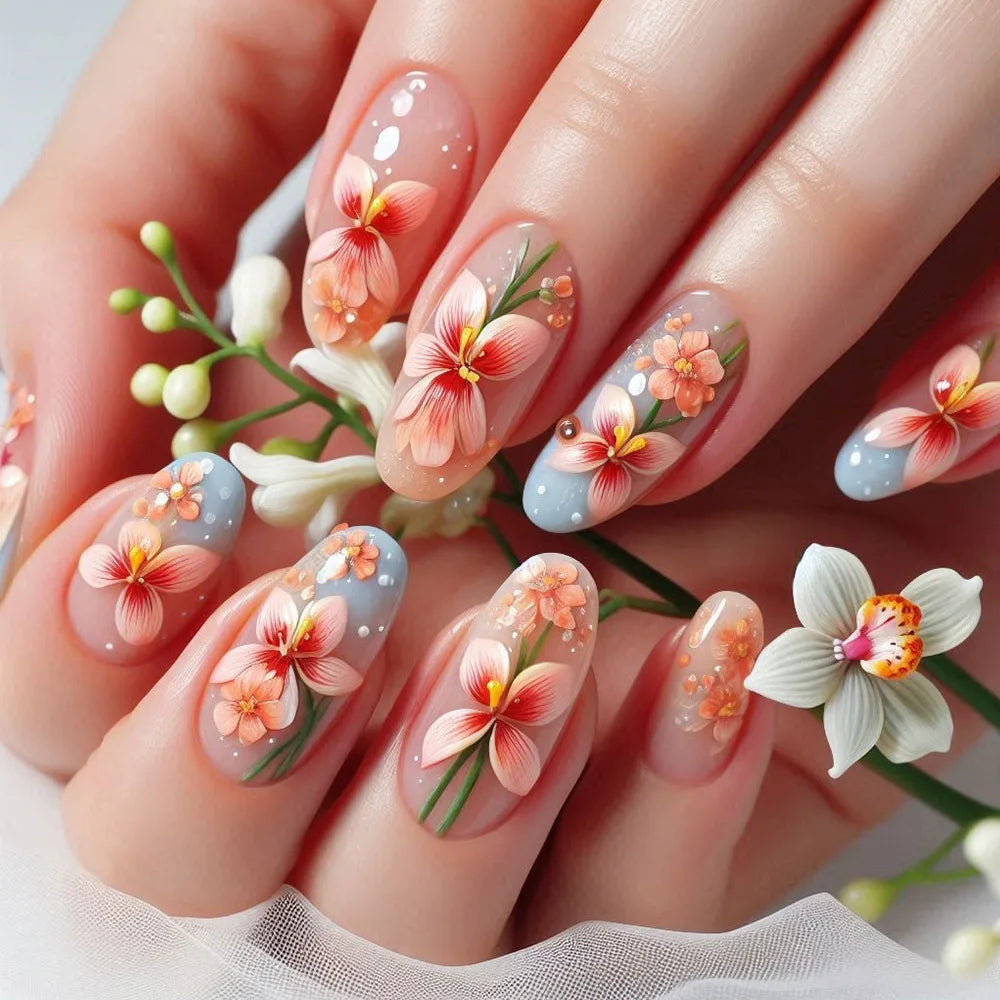24Pcs Press on False Nails Simple Garden Fresh Flowers Design Sweet Fake Nails Tips Art Wearable Almond Stiletto Oval Manicure