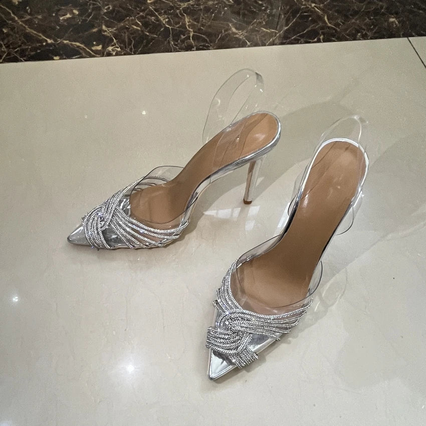 Luxury Rhinestone Women Pumps Wedding Shoes Fashion Clear PVC Sexy High heels Sandals Elegant Summer Party Bridal Shoes Woman BZ-DF silver