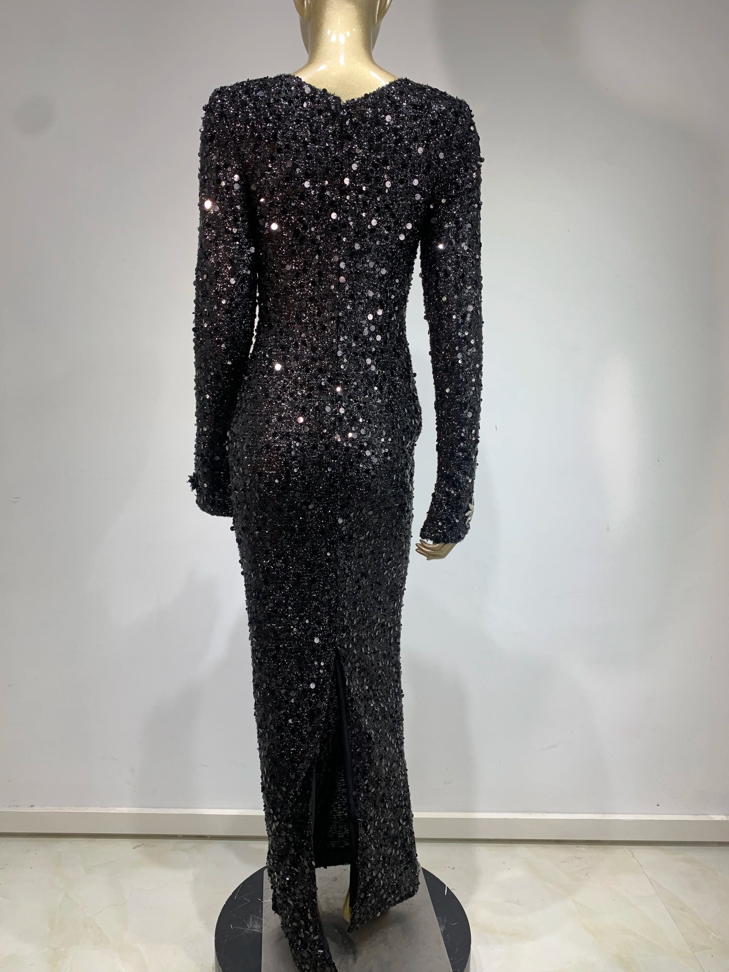 Women Celebrity Sexy Long Sleeve Sequins Diamonds Crystal Sparkly Maxi Long Gowns Dress 2024 Elegant Evening Party Club Vestido