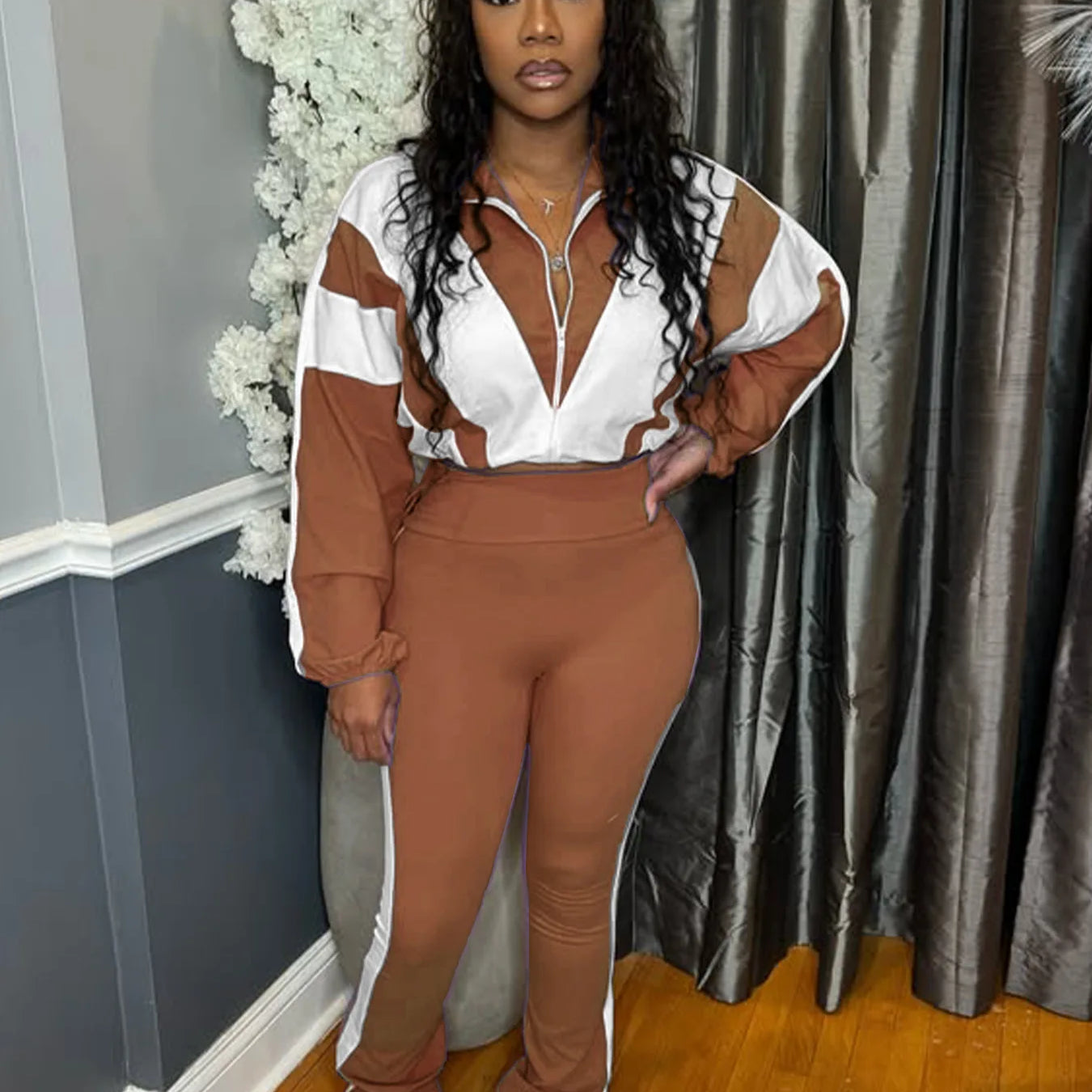 CM.YAYA Active Patchwork Women's Set Zipper Sweatshirt Jacket and Long Pants Suit 2025 Sporty Two 2 Piece Sets Outfit Tracksuit