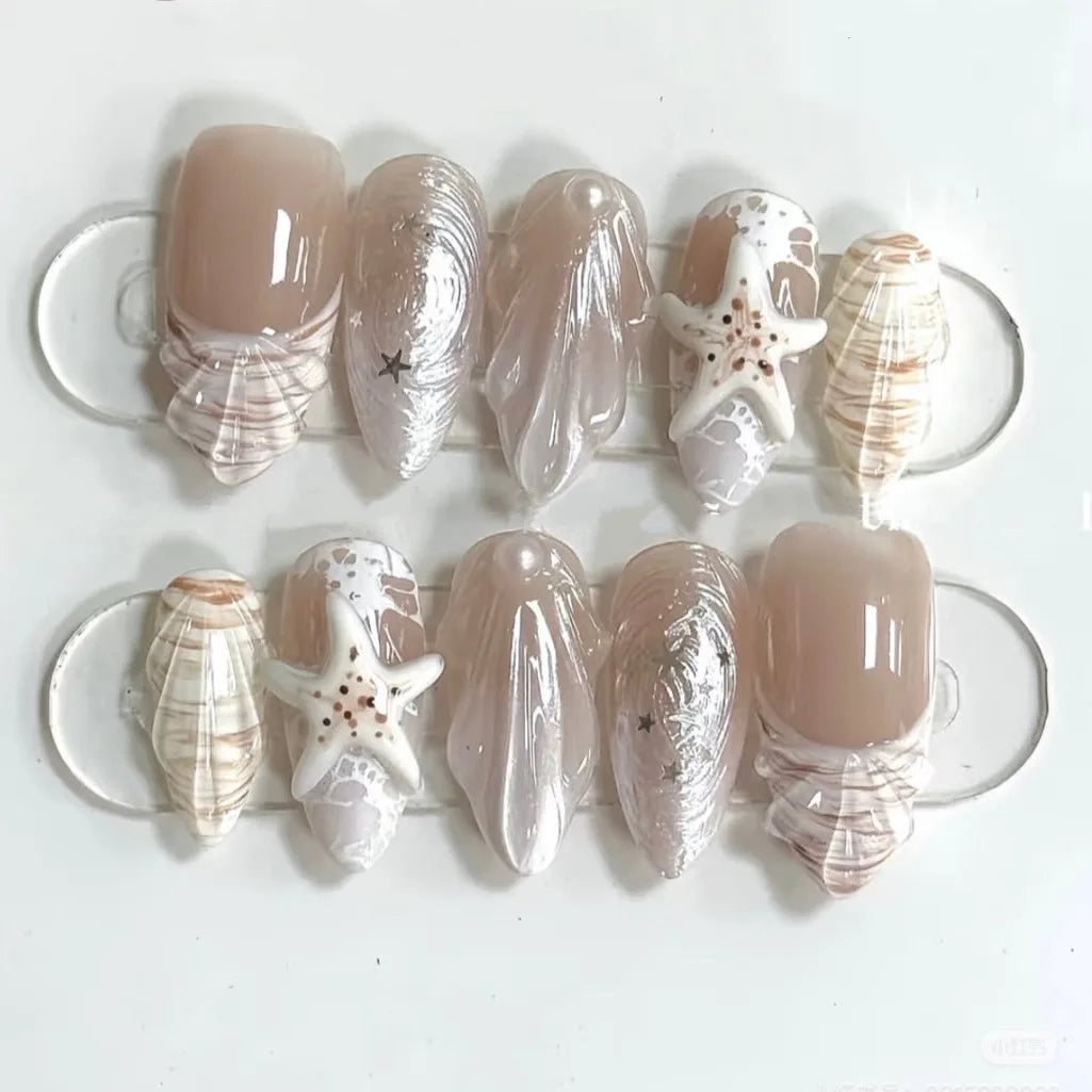24pcs White Ocean Shell 3D Summer Press on Nails Starfish Fake Nails Full Cover Wearable False Nails