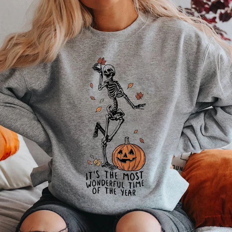 Halloween Skeleton & Pumpkin Print Sweatshirts Casual Long Sleeve Crew Neck Sweatshirt Women's Plus Size Clothing GRAY