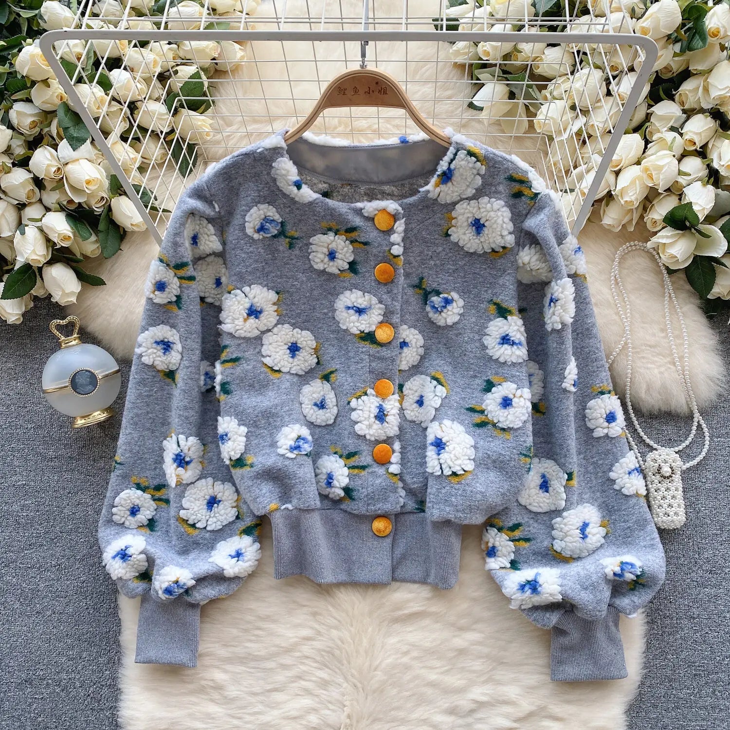 Sweet Long Sleeve Single Breasted Short Jacket Retro Three-dimensional Flower O Neck Clothing Winter 6 Color Coat as shown 2 One Size