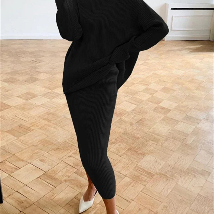 new Ribbed Knit 2 Piece Dress Set Outfits Ladies Knitwear Top And Midi Skirt Sets For Women Casual Winter Sweater Sets black