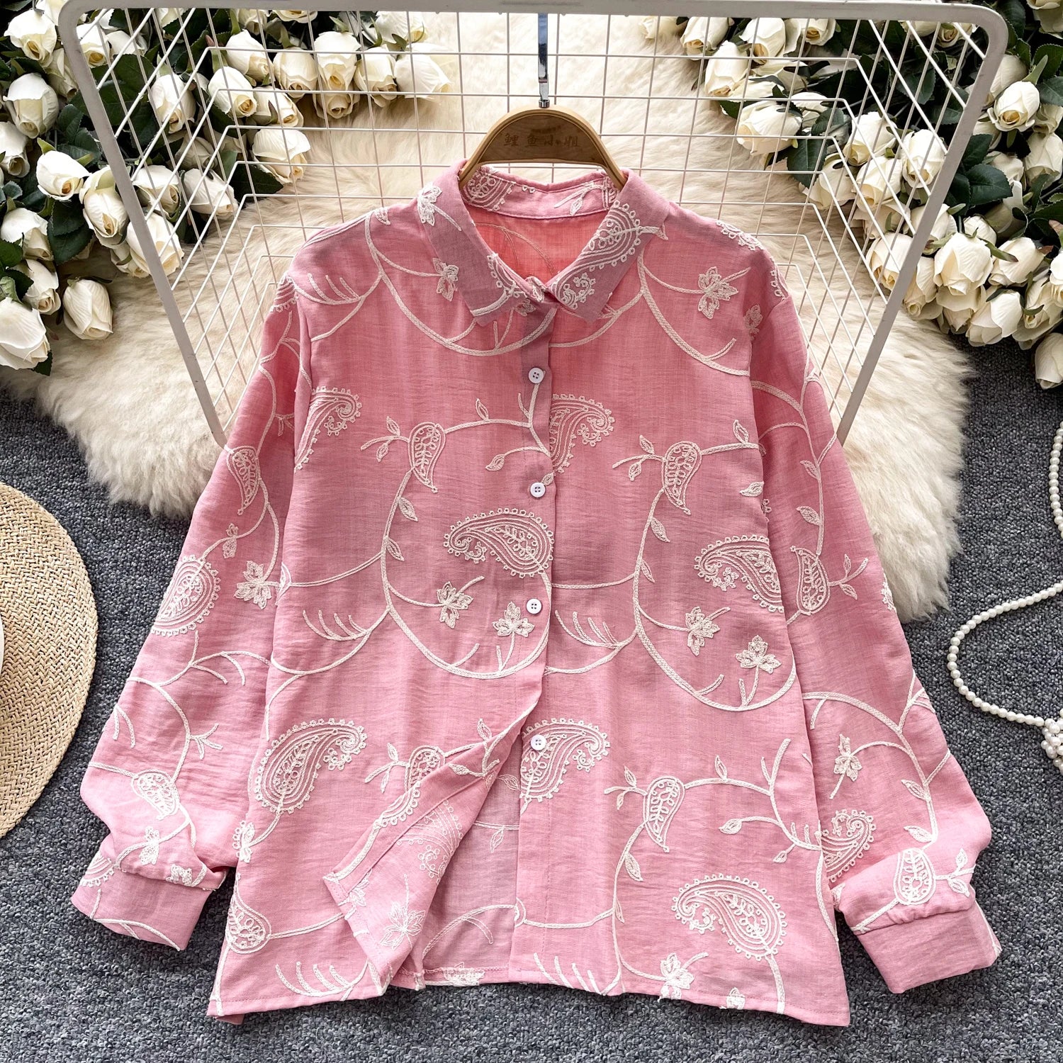 Vintage Elegant Embroidery print turn-down collar Blouse Fashion Single Breasted sweet Shirt  Casual Chic Top Fairy Summer Women