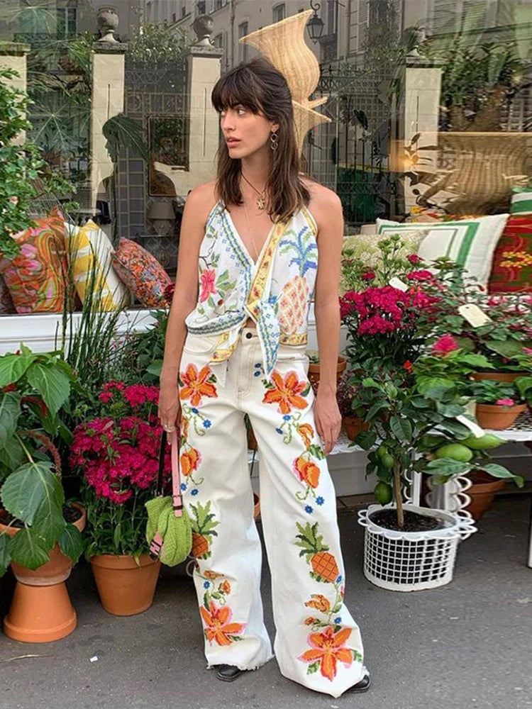 Beach Print Tank Top Pants Sets Women Fashion Halter Backless Sleeveless Vest Wide Leg Zipper Pants 2 Pieces Set Female 2024