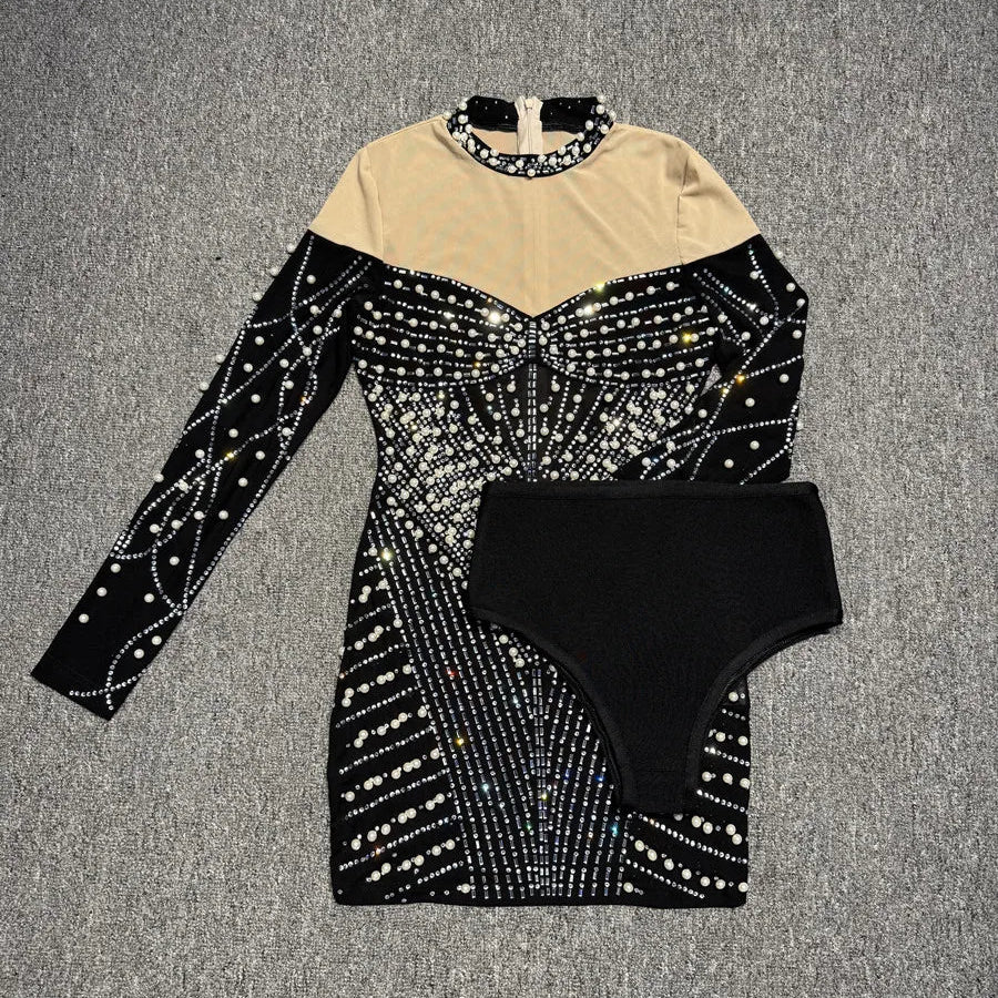Elegant Evening Party Club Outfit Vestido Women Celebrity Sexy Long Sleeve Turtleneck Mini Rhinestone Diamonds Gowns Dress