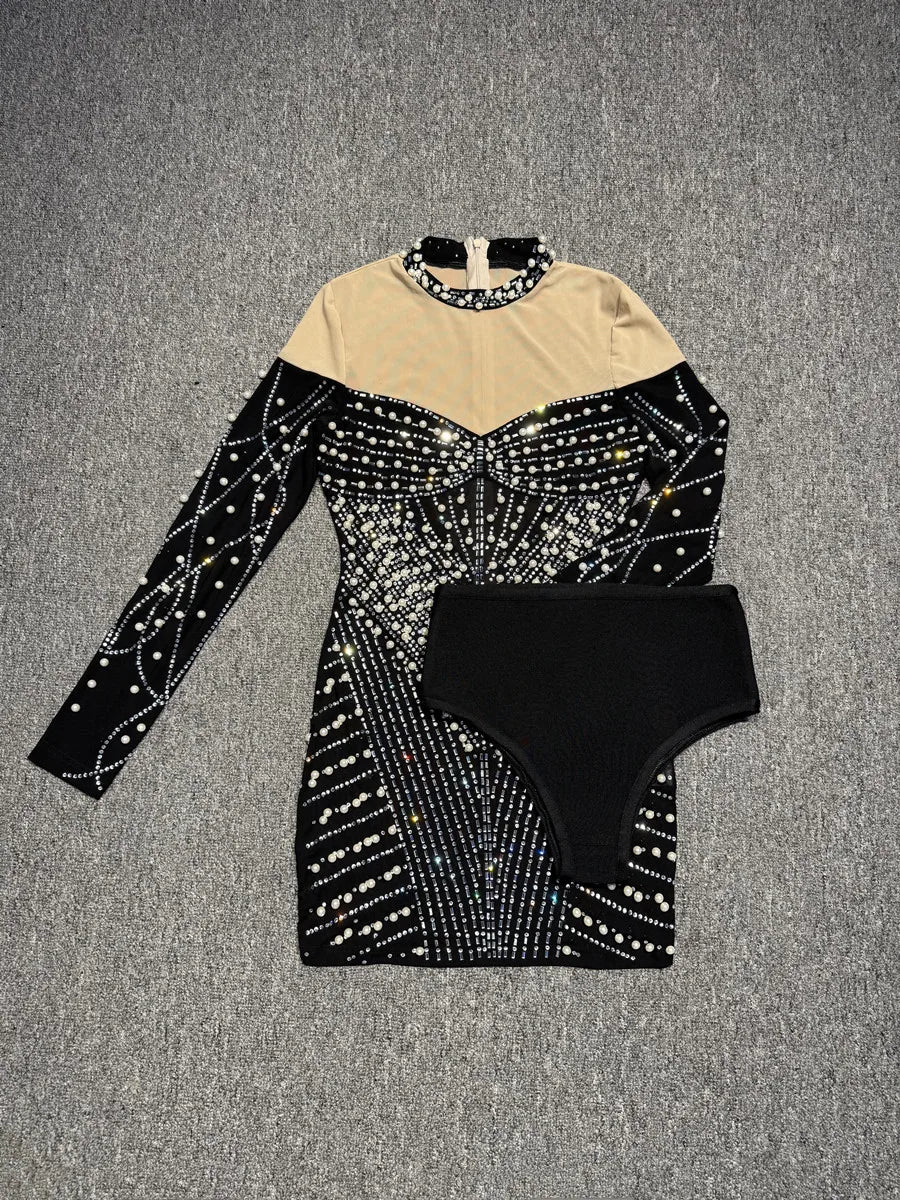 Elegant Evening Party Club Outfit Vestido Women Celebrity Sexy Long Sleeve Turtleneck Mini Rhinestone Diamonds Gowns Dress