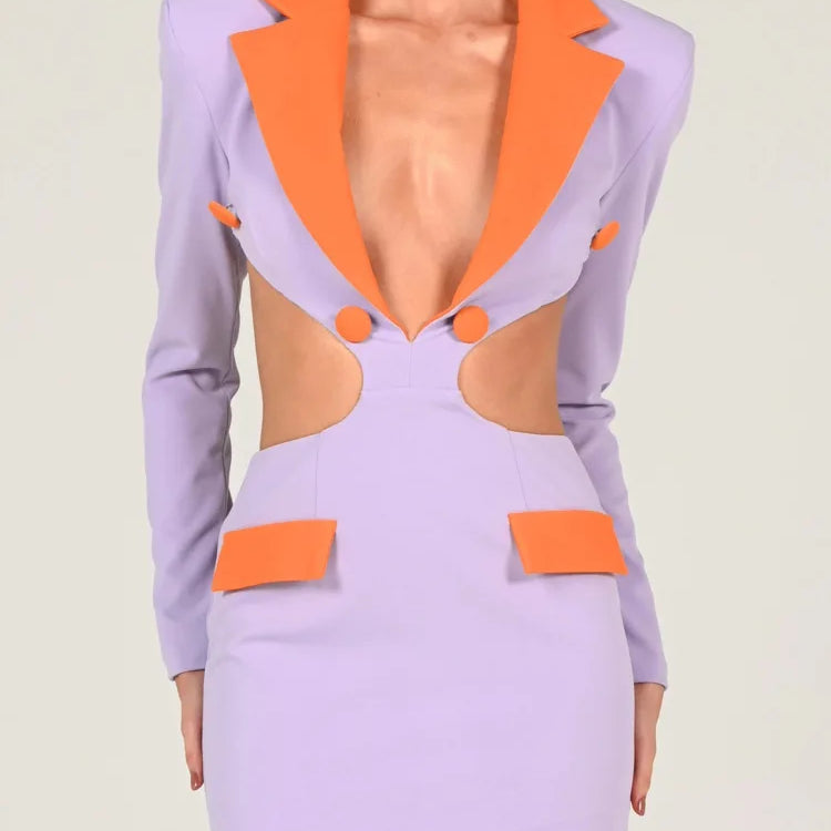 Mozision Hollow Out Backless Blazer Dress For Women Robe Autumn Notched Collar Full Sleeve Bodycon Party Mini Dress Vestido Purple