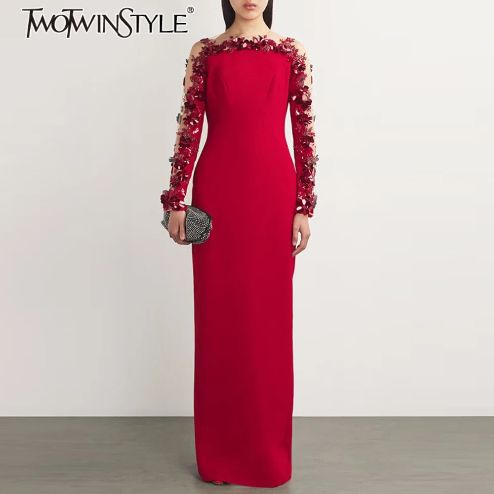 TWOTWINSTYLE Slimming Spliced Bead Fashion Dresses for Women Slash Neck Long Sleeves Patchwork Mesh Temperament Dress Female New
