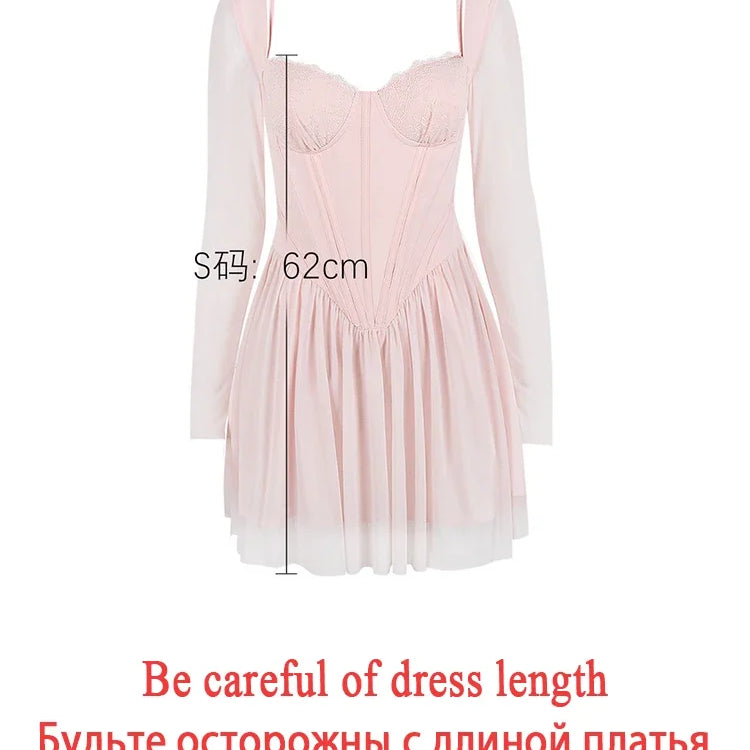Suninheart Autumn Mesh Long Sleeve Dress Pink A Line Bodycon Birthday Party Dress Mini Holiday Vacation Dress Women 2023