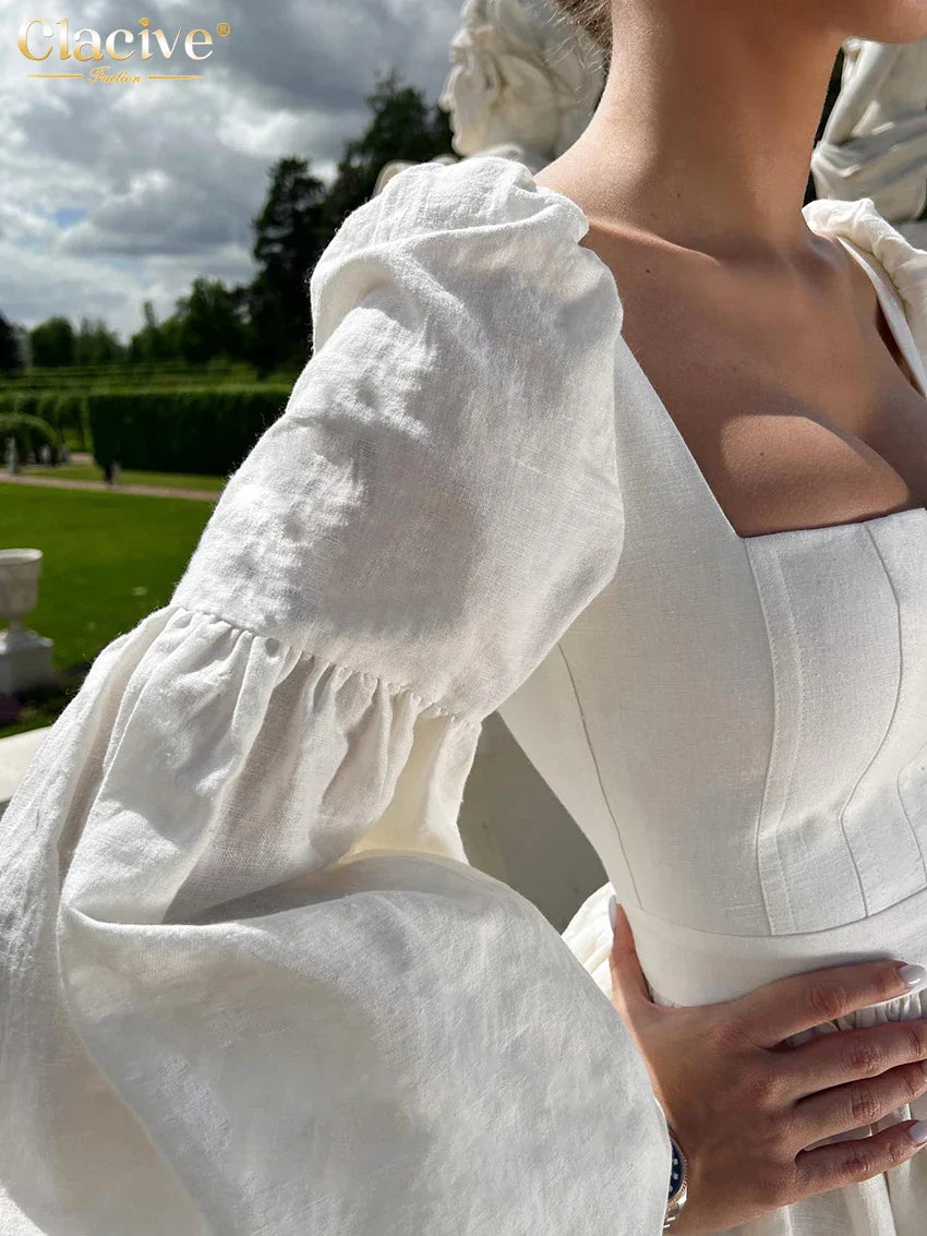 Clacive Sexy Slim White Cotton Dress Lady Fashion Sqaure Collar Puff Sleeve Mini Dress Elegant High Waist Dresses For Women 2024