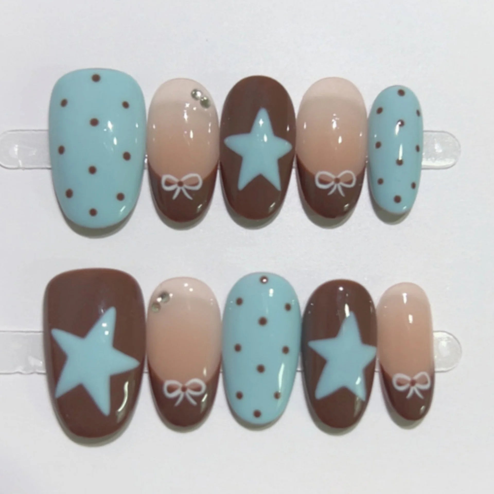 10pcs Short Oval Handmade False Nails Star Bow Stick on Nail Tips Blue Autumn Fake Nail for Girl Reusable French Press on Nails