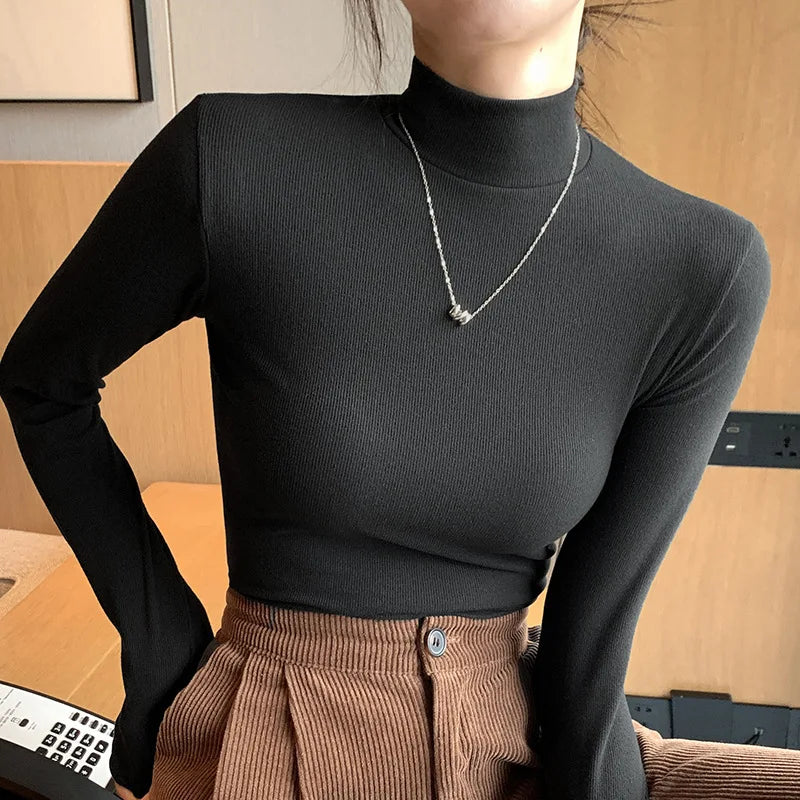 New Knitted Half-turtleneck Pullovers Women Bottom Shirts Sweater Jumper Elegant Korean Fashion Long-sleeved Tops Knitwear Black