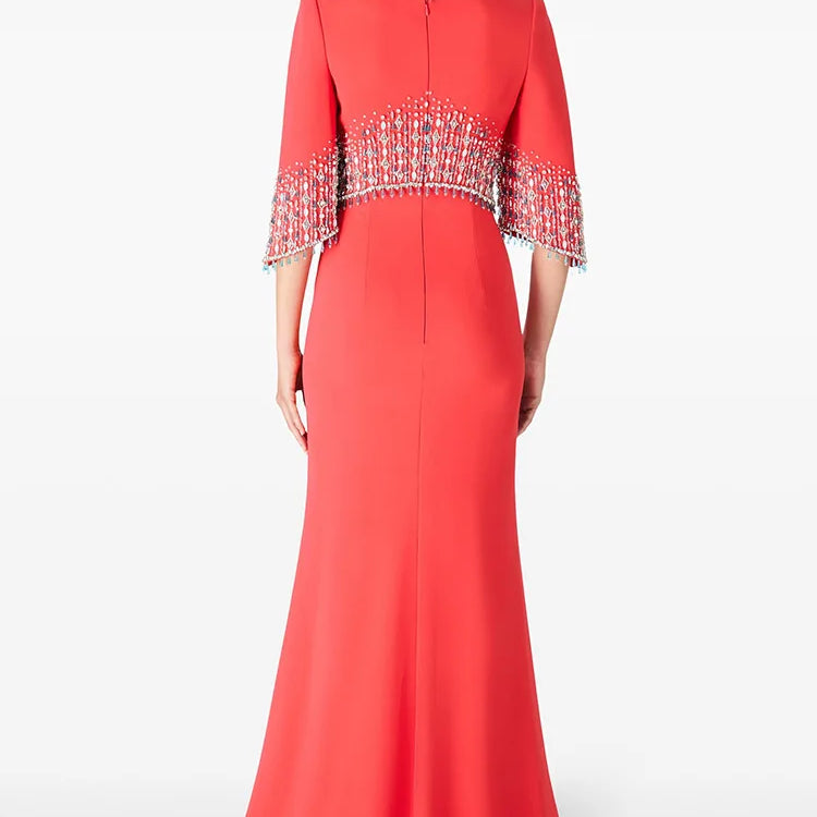 TWOTWINSTYLE Slimming Elegant Midi Dresses for Women Round Neck Half Sleeves Patchwork Bead Luxurious Dress Female Clothing New