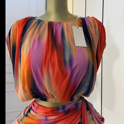 CM.YAYA Tie Dye Printed Women's Set Ruched Short Sleeve T-Shirt Tops and Stacked Mini Skirts Suit 2025 Two 2 Piece Sets Outfit