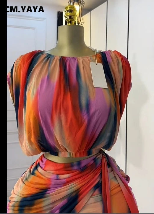 CM.YAYA Tie Dye Printed Women's Set Ruched Short Sleeve T-Shirt Tops and Stacked Mini Skirts Suit 2025 Two 2 Piece Sets Outfit